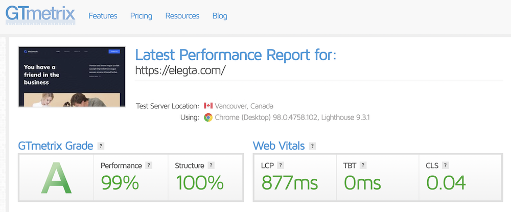 Kinsta Performance Test Result on  GTmetrix