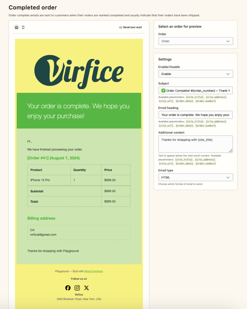 Email Customizer for WooCommerce - Virfice - Completed Order