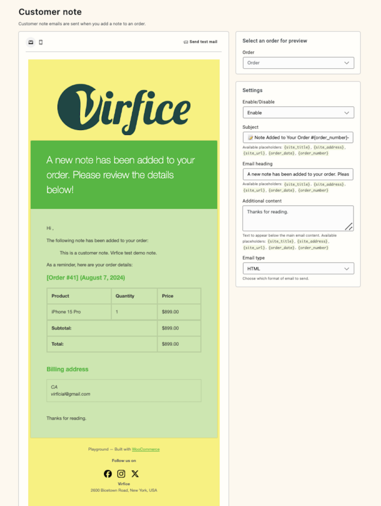 Email Customizer for WooCommerce - Virfice - Customer note