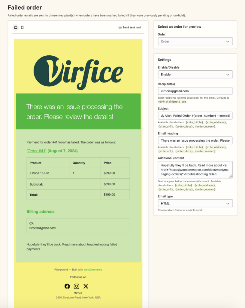 Email Customizer for WooCommerce - Virfice - Failed Order