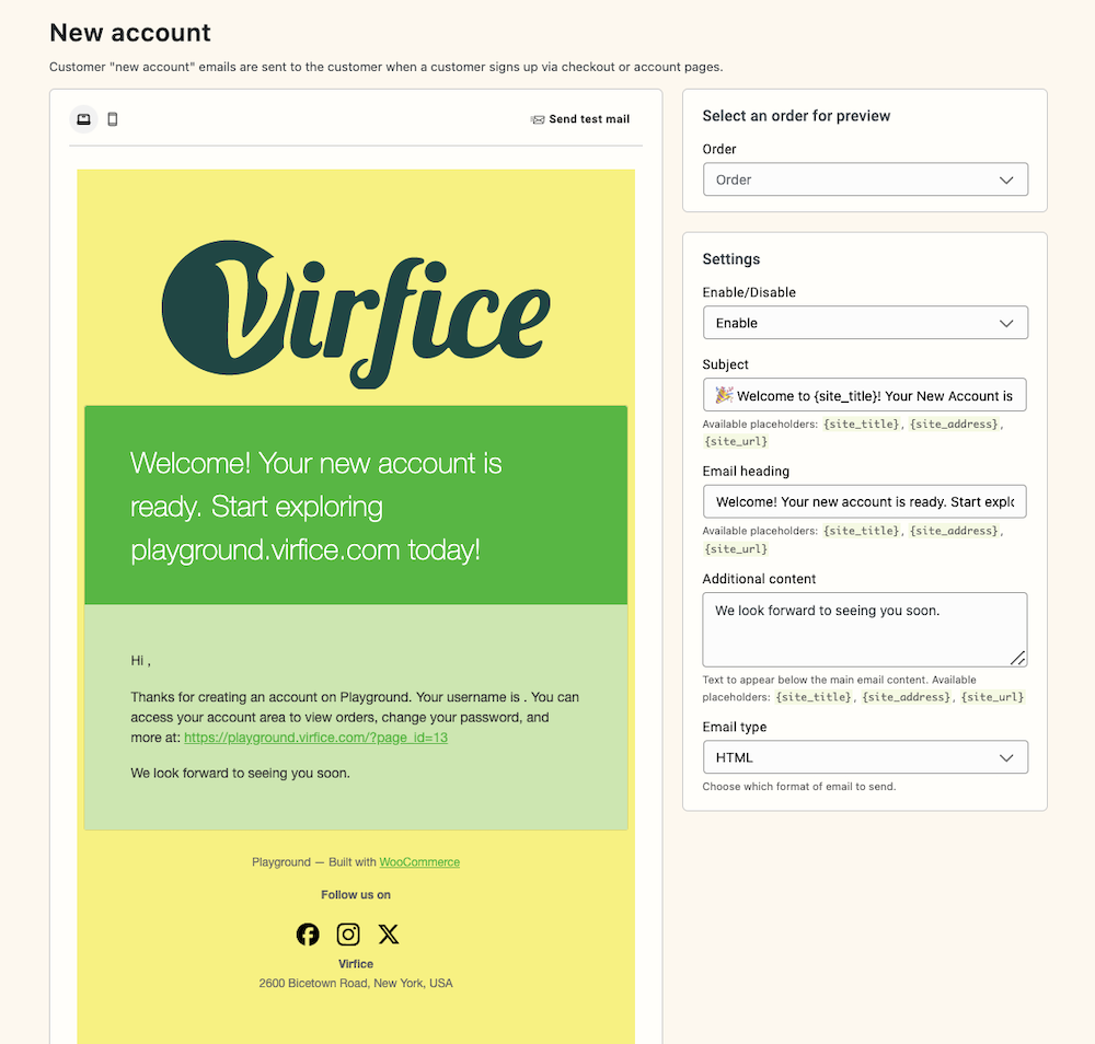 Email Customizer for WooCommerce - Virfice - New Account