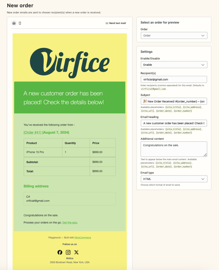 Email Customizer for WooCommerce - Virfice - New Order