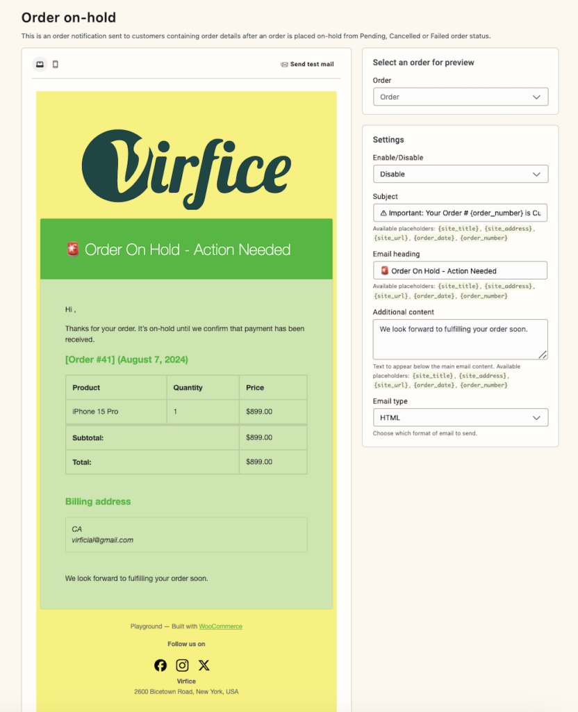 Email Customizer for WooCommerce - Virfice - Order On-Hold