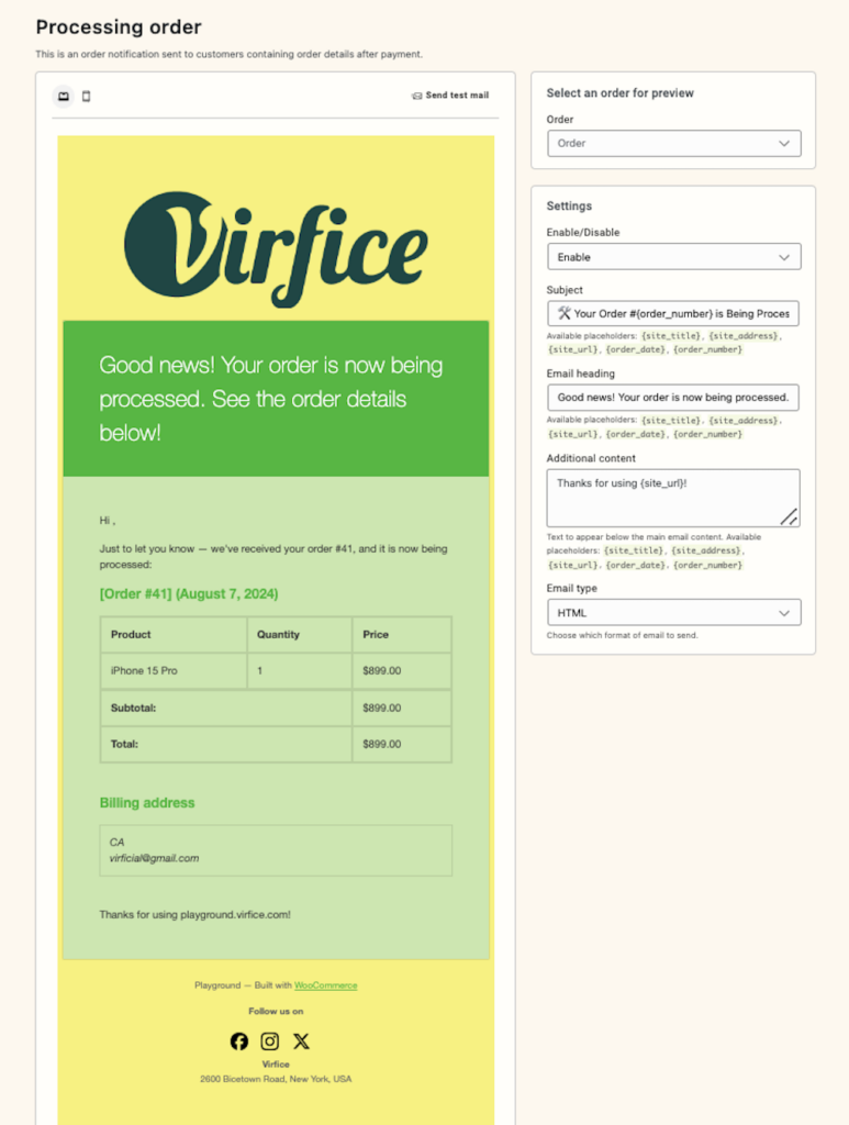 Email Customizer for WooCommerce - Virfice - Processing Order