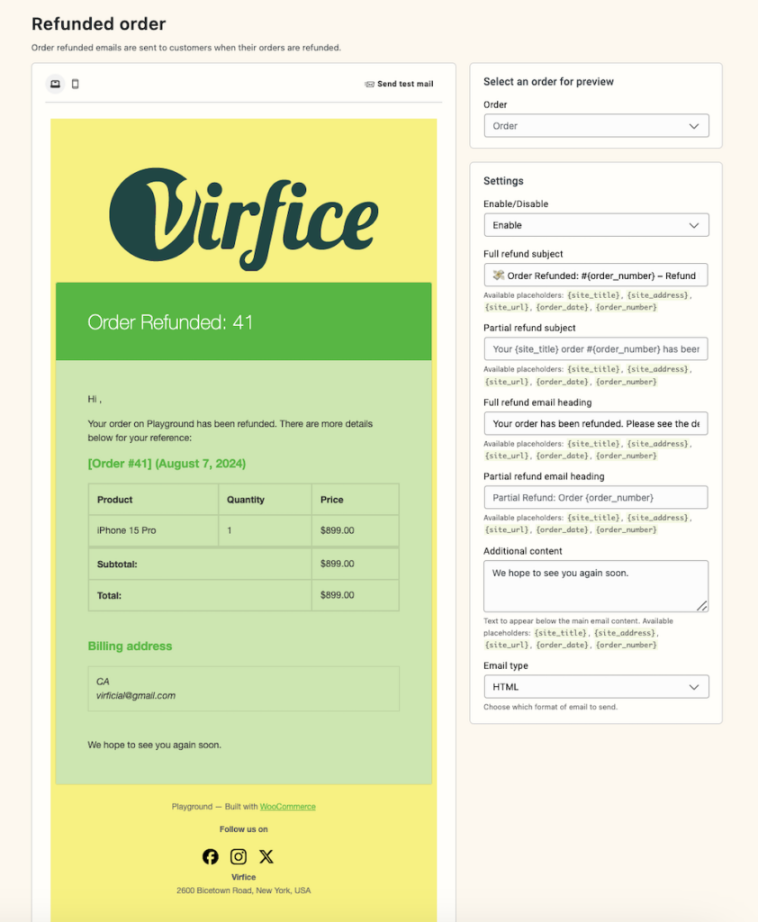 Email Customizer for WooCommerce - Virfice - Refunded Order