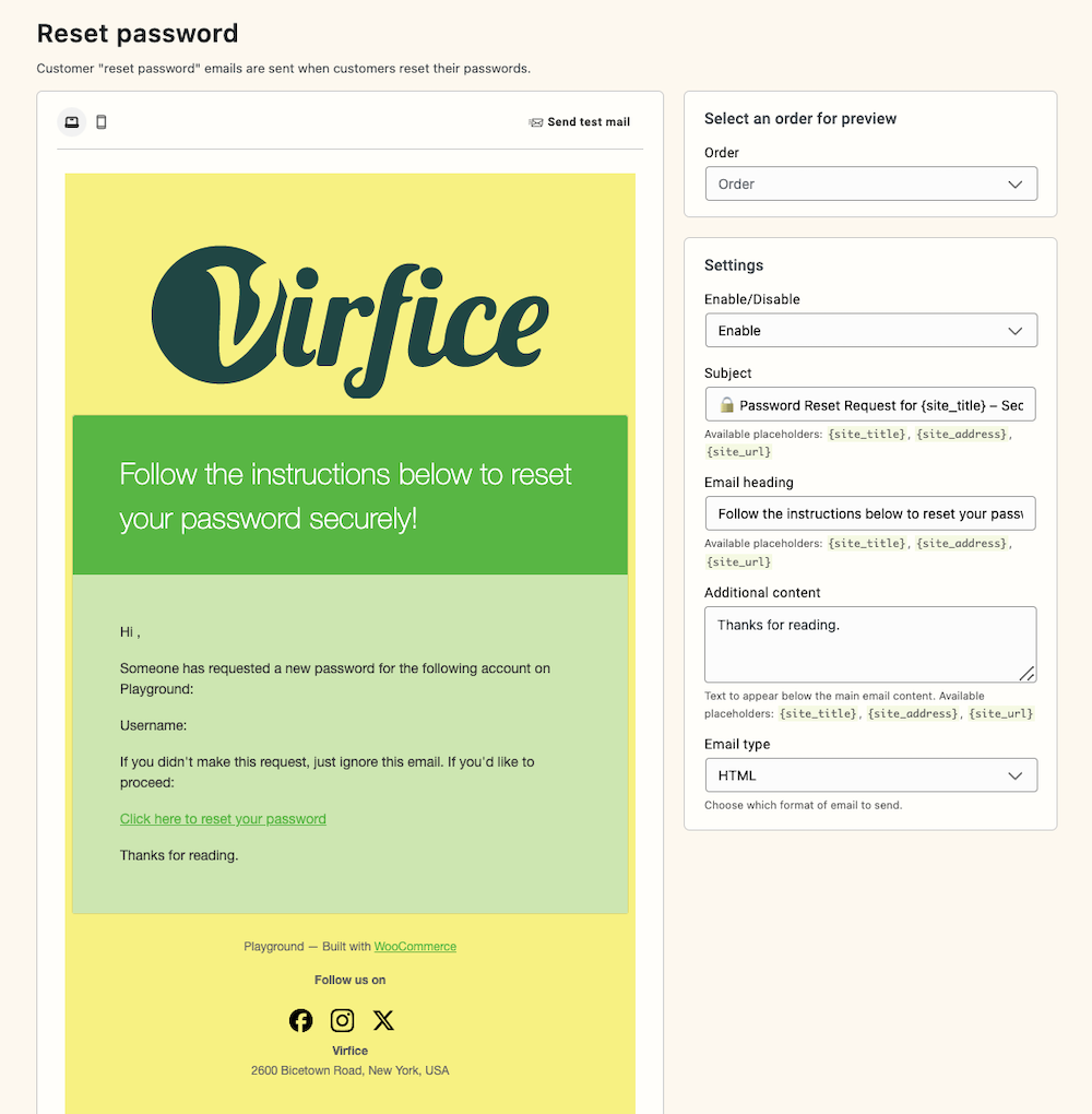 Email Customizer for WooCommerce - Virfice - Reset Password