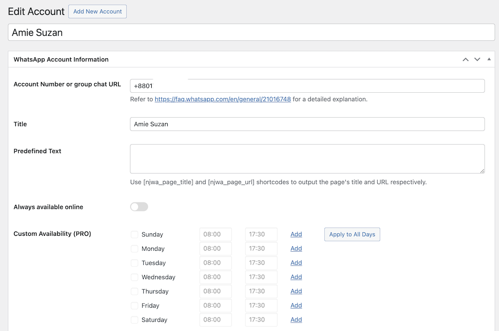 Set Availability Hours for WhatsApp Live Chat on the WordPress site